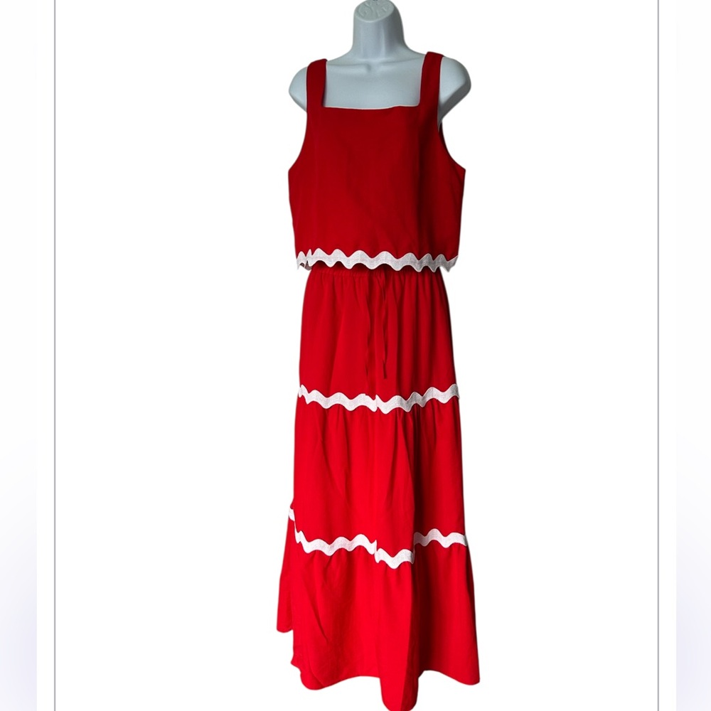 Pretty Garden Red 2 Piece Maxi Skirt Set Pockets Sleeveless Excellent Size L - Picture 2 of 7